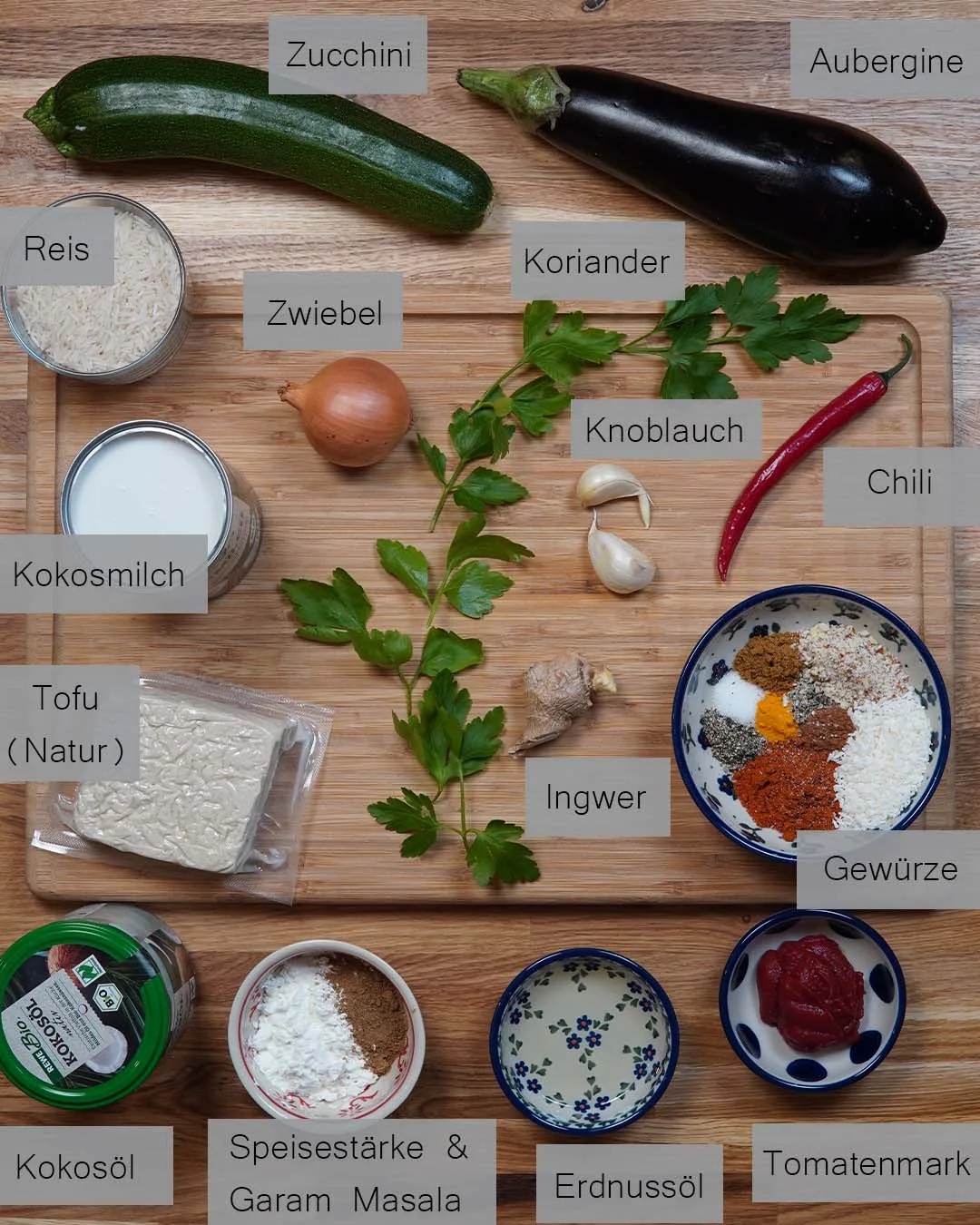 Zutaten für das Tikka Masala in der Draufsicht
