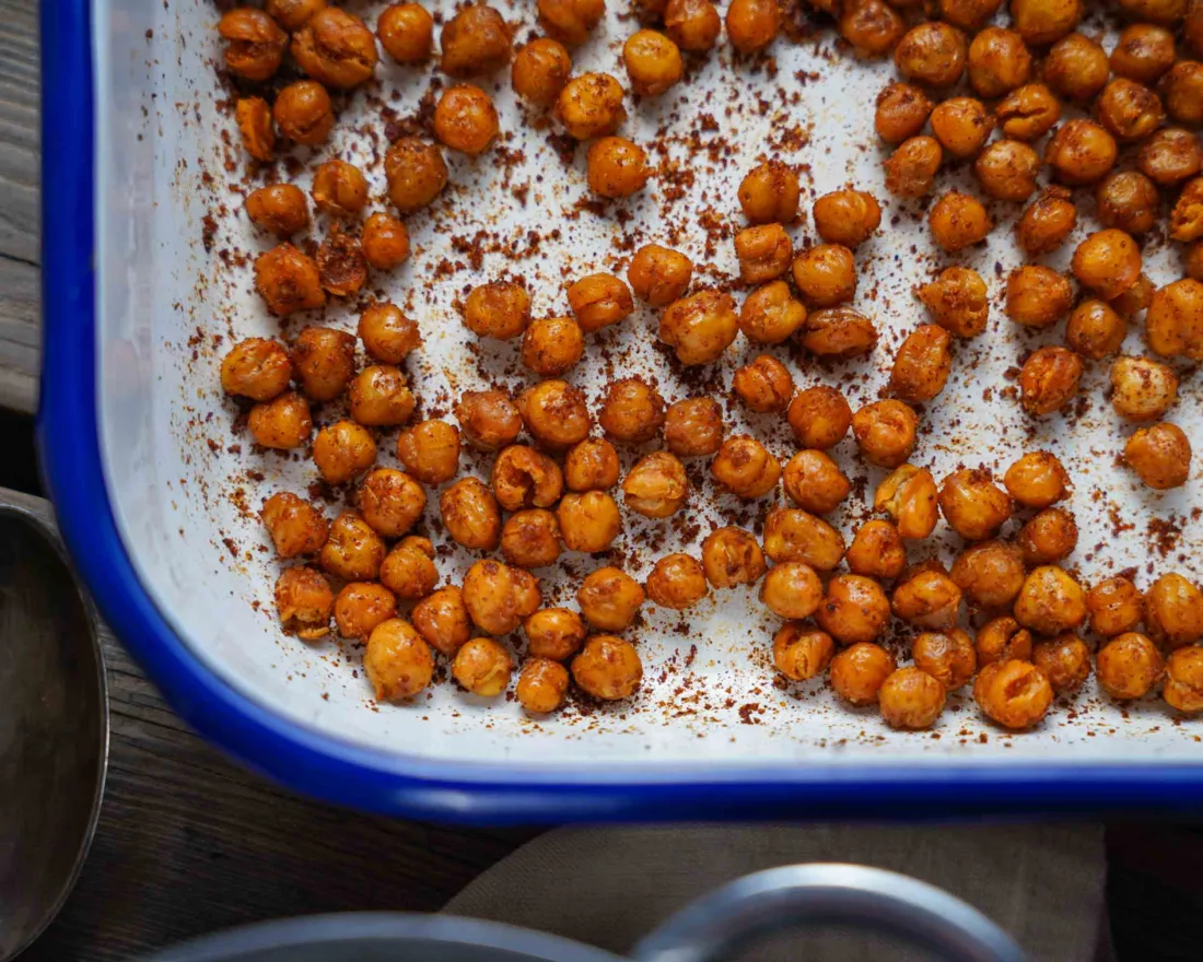 Roasted chickpea topping in an enamel dish