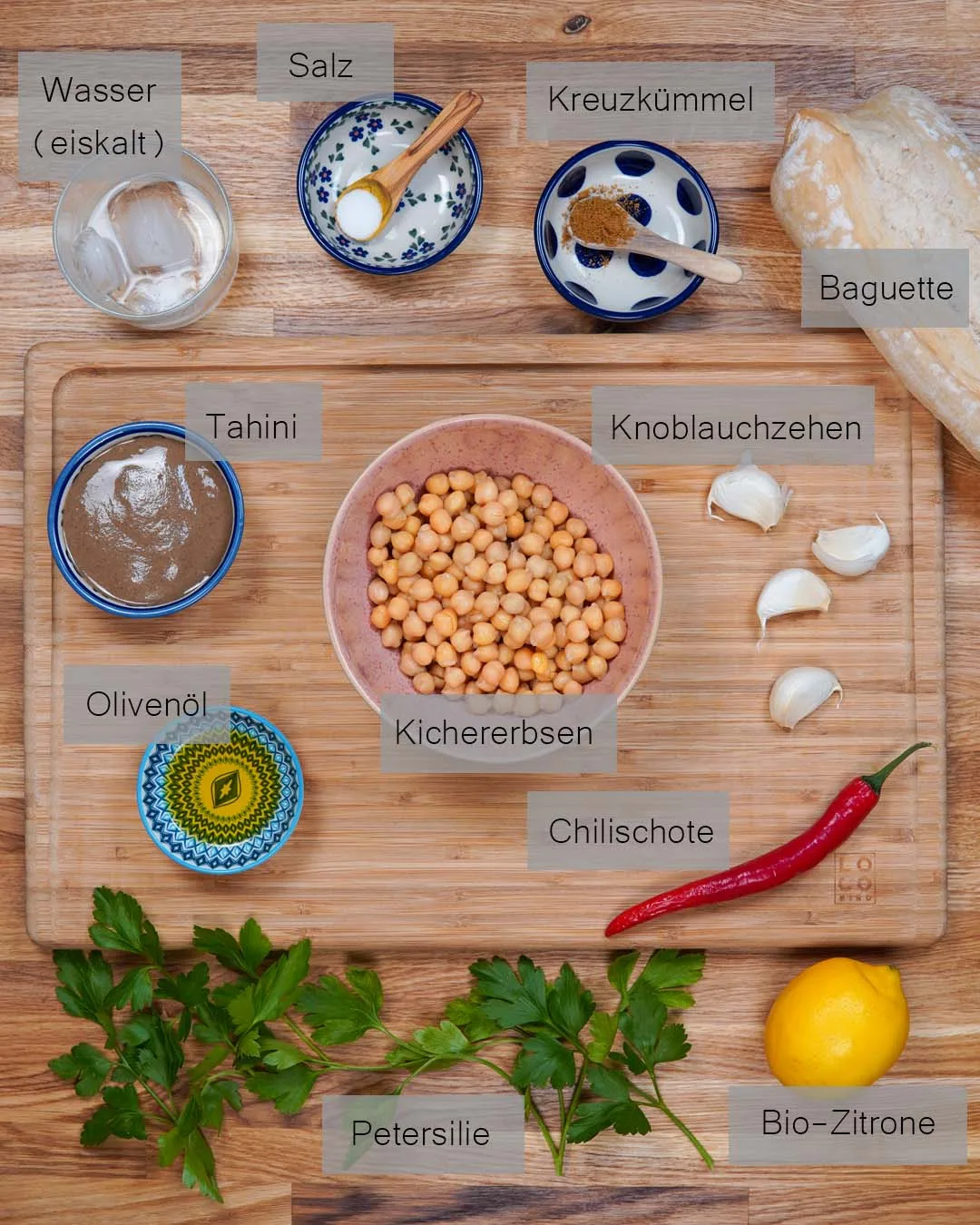 Zutaten für das vegane Hummus mit Aromaten