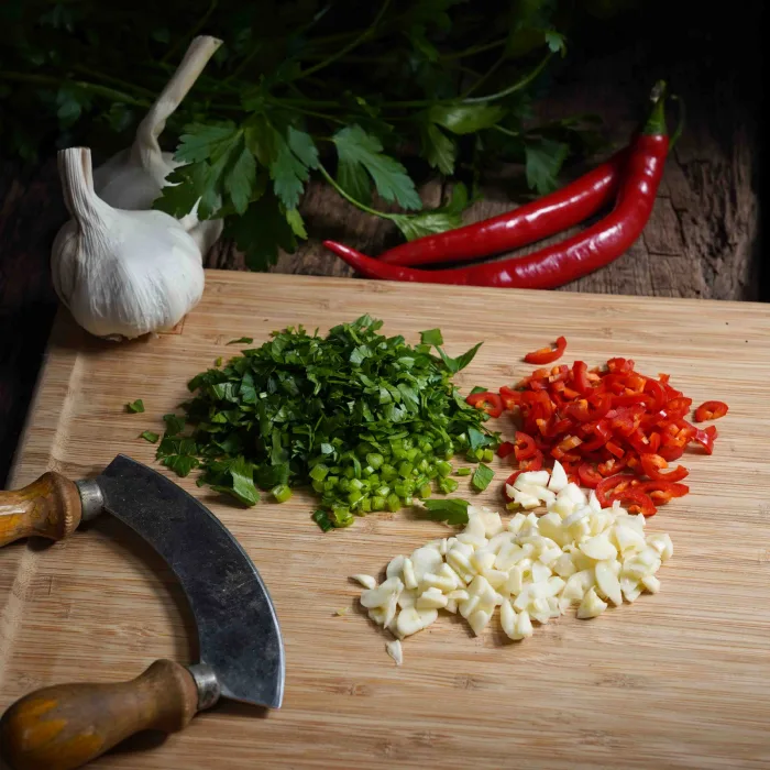 Preparing the ingredients for the aglio e olio