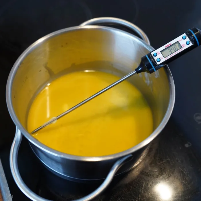 Vegan Easter braid, step 3, warming the margarine in a pot