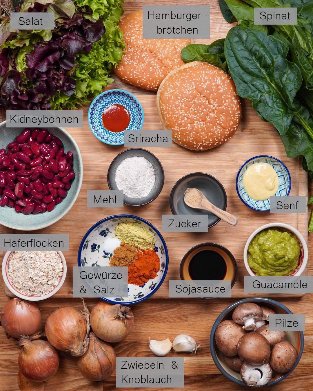 Zutaten für den Burger in der Draufsicht.