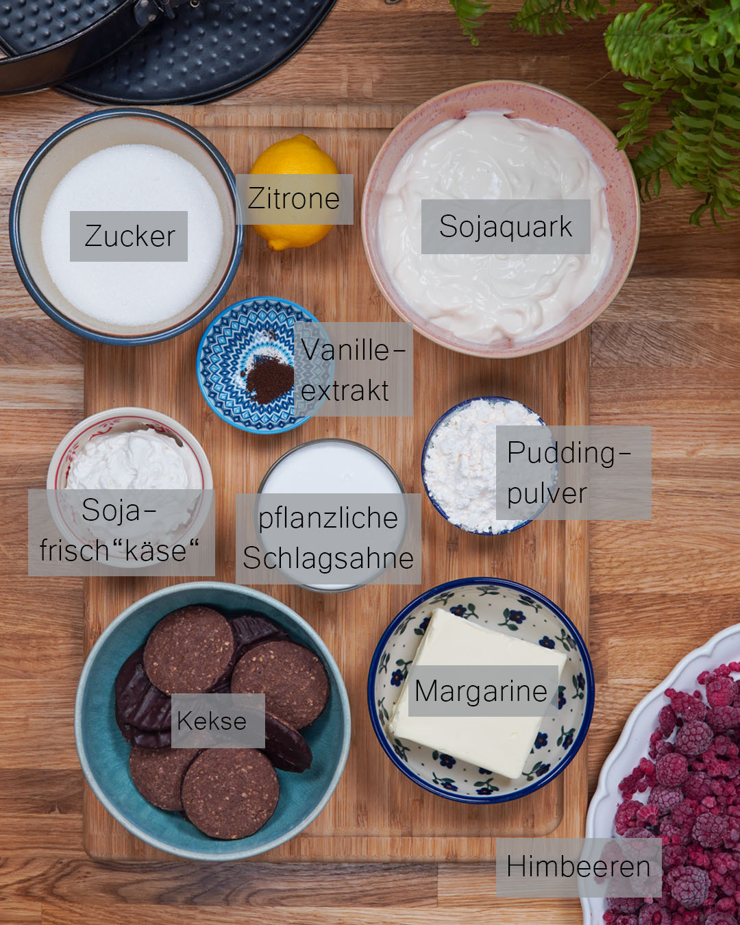 Veganer Käsekuchen Zutaten in der Draufsicht