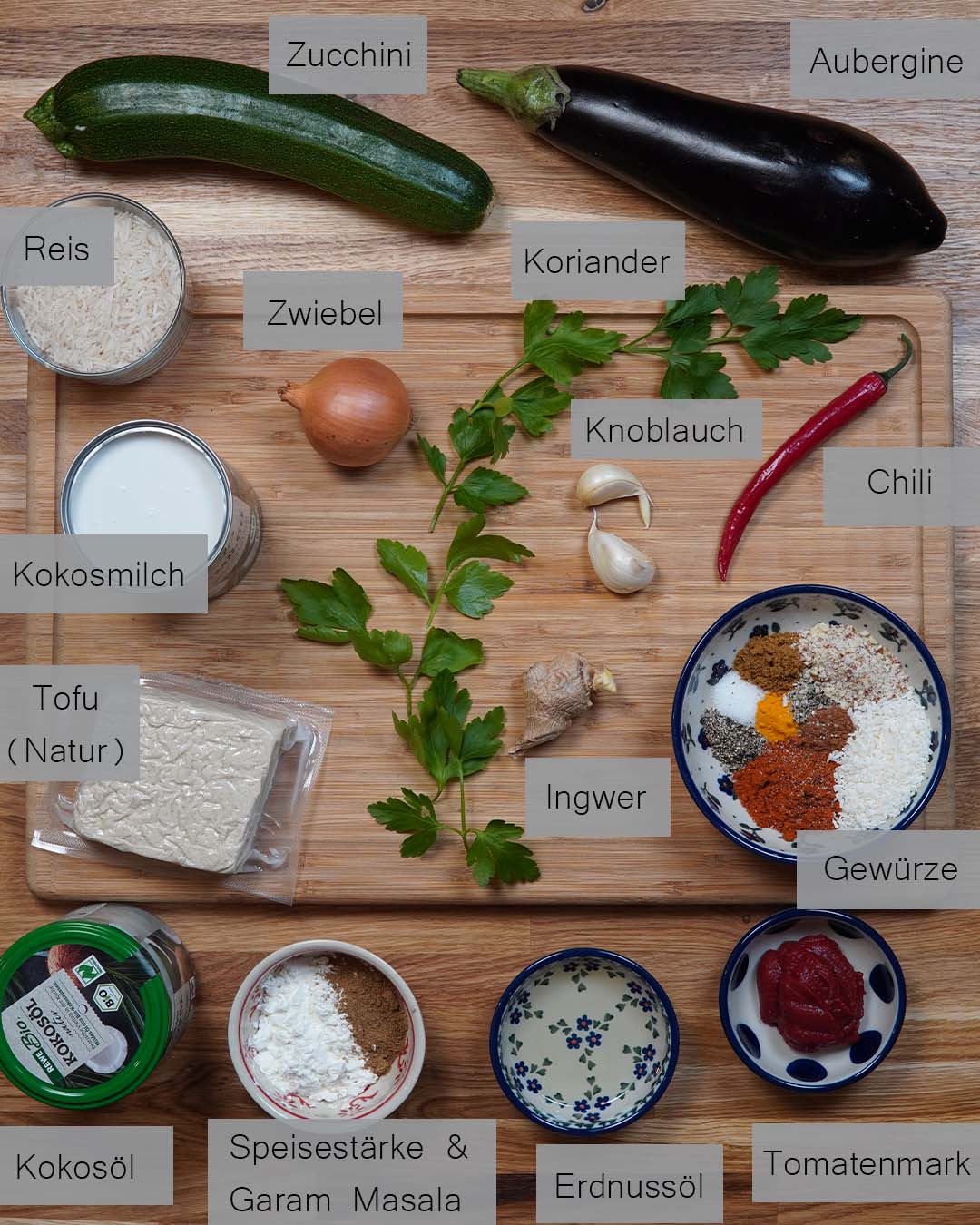 Zutaten für das Tikka Masala in der Draufsicht