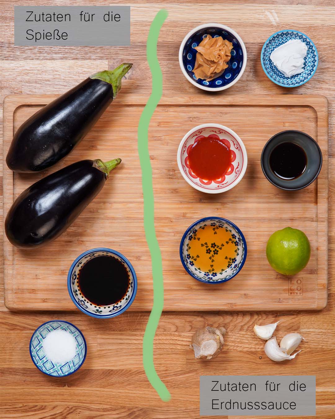 Zutaten für das Auberginen-Sate in der Draufsicht