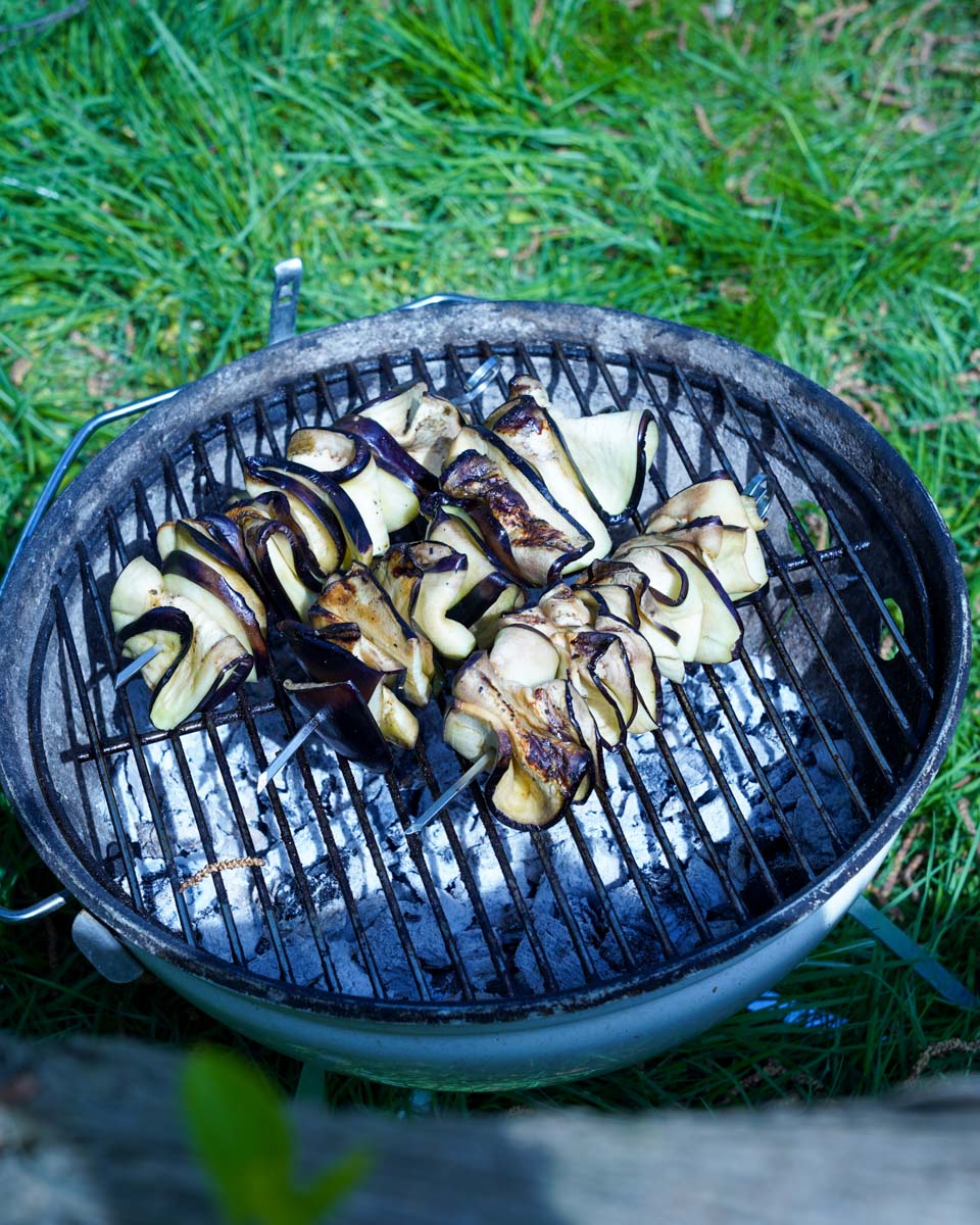 Grillen des Auberginen Sates auf einem Grill im Freien