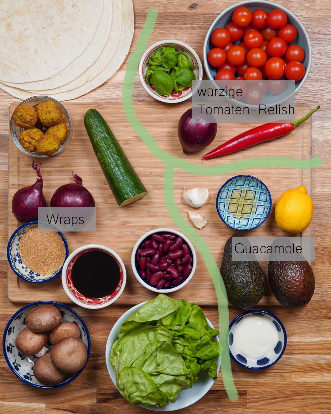 Zutaten für die veganen Wraps in der Draufsicht