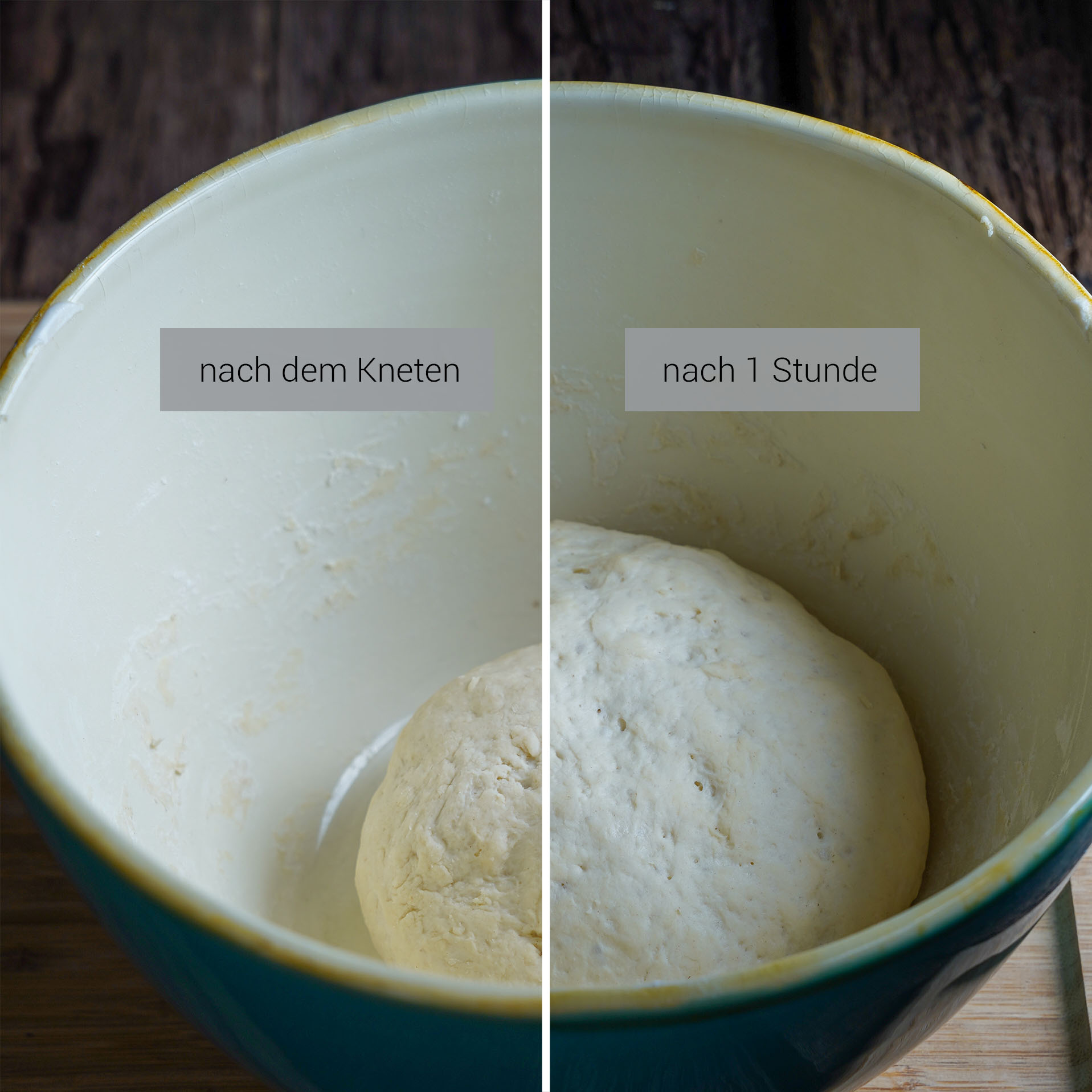 Veganes Naan 03 Schritt 2b, Naan Teig nach dem Kneten und nach einer Stunde Veganes Naan 03 Schritt 2b, Naan Teig nach dem Kneten und nach einer Stunde